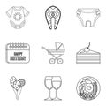 Birthday of child icons set, outline style