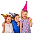 Birthday children celebrate party and eating cake on plate together . Royalty Free Stock Photo