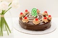 Birthday chocolate cake with candle in the form of number Six. Homemade cake decorated with chocolate cream and cherries close up Royalty Free Stock Photo