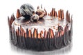 Birthday chocolate cake with chocolate ball decoration, piece of cream cake, patisserie, photography for shop, sweet dessert