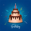 Birthday chocolate cake with red chary and three candles on confetti background