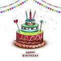 Birthday chocolate cake with red chary and three candles on confetti background