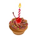 Birthday chocolate cupcake with cream, cherry, sprinkles and candle. Vector illustration. Royalty Free Stock Photo