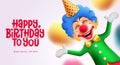 Birthday clown character vector design. Happy birthday text with party buffoon mascot