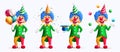 Birthday clown character vector set design. Buffoon entertainer character collection