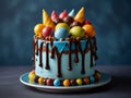 Birthday colorful cake decorated with sweets on a blue background poured with chocolate