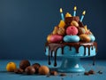 Birthday colorful cake decorated with sweets on a blue background poured with chocolate