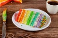 Birthday colorful rainbow cake with cup of coffee and knife Royalty Free Stock Photo