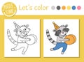 Birthday coloring page for children. Funny raccoon in party hat with cymbals. Vector holiday outline illustration with cute animal