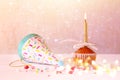 Birthday concept with cupcake and candle. Glitter lights overlay Royalty Free Stock Photo