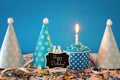 Birthday concept with cupcake and candle on wooden table Royalty Free Stock Photo