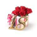 Birthday concept with red roses in gift isolated on white background. eighteenth. 18th.3D render