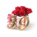 Birthday concept with red roses in gift isolated on white background. thirty-nineth. 39th. 3D render