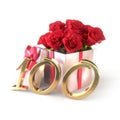 Birthday concept with red roses in gift isolated on white background. hundredth. 100th. 3D render Royalty Free Stock Photo
