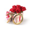 Birthday concept with red roses in gift isolated on white background. seventieth. 70th. 3D render