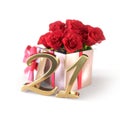 Birthday concept with red roses in gift isolated on white background. twenty-first. 21st. 3D render Royalty Free Stock Photo