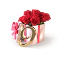 Birthday concept with red roses in gift on white background. nineth. 9th. 3D render Royalty Free Stock Photo