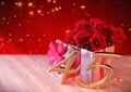 Birthday concept with red roses in the gift on wooden desk. fortyfifth. 45th. 3D render
