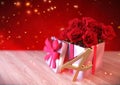 Birthday concept with red roses in gift on wooden desk. fourth. 4th. 3D render