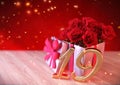 Birthday concept with red roses in the gift on wooden desk. nineteenth. 19th. 3D render