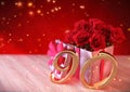 Birthday concept with red roses in gift on wooden desk. ninetieth. 90th. 3D render Royalty Free Stock Photo