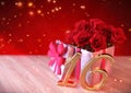 Birthday concept with red roses in gift on wooden desk. sixteenth. 16th. 3D render