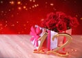 Birthday concept with red roses in gift on wooden desk 12th. 3D render