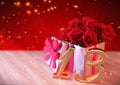 Birthday concept with red roses in gift on wooden desk. thirteenth. 13th. 3D render
