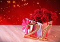 Birthday concept with red roses in the gift on wooden desk. twenty-first. 21st. 3D render Royalty Free Stock Photo