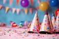 Birthday cones with bright patterns put on pink floor with scattered colorful confetti