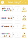 Birthday counting game with traditional desserts. Holiday activity for preschool children with cakes, cupcakes, cake pops.