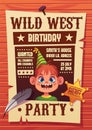 Birthday cowboy poster. Boy portrait on holiday party banner, vintage wild west and western style, childish invitation