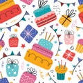 Birthday cream cakes, gift boxes, garlands flat vector seamless pattern. Hand drawn background for a party, holiday for children,