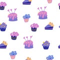 Birthday cream cakes seamless pattern. Muffins cakes and candles. Background for fabric, wrapping paper, textile, wallpaper and