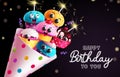Birthday cupcake bouquet vector design. Happy birthday greeting text with cupcake characters