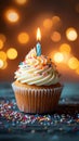 Birthday cupcake, burning candle, bokeh lights background, festive celebration