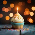 Birthday cupcake, burning candle, bokeh lights background, festive celebration
