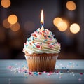 Birthday cupcake with burning candle, closeup, light background