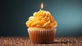 Birthday cupcake with a candle on a light yellow background. Generative AI. Royalty Free Stock Photo