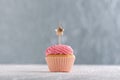 Birthday cupcake with candle. Muffins with pink buttercream frosting with candle in the shape of star. Cake for one year Royalty Free Stock Photo