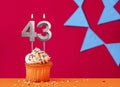 Birthday cupcake with candle number 43 on a red background with blue pennants