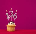 Birthday cupcake with candle number 136 - Rhodamine Red foamy background