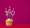 Birthday cupcake with candle number 140 - Rhodamine Red foamy background