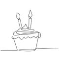 Birthday cupcake with candle one continuous line drawing isolated on white background. Surprise birthday cake in minimalism design Royalty Free Stock Photo