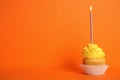 Birthday cupcake with candle on orange background