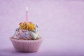 Birthday cupcake with candle, on the pink Royalty Free Stock Photo