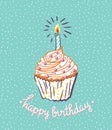Birthday cupcake with candle. Vector bright poster.