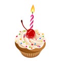 Birthday cupcake with cream, cherry, sprinkles and candle. Vector illustration.