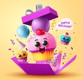 Birthday cupcake gift vector concept. Happy birthday text with cupcake character