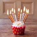 Birthday cupcake with lots of lit candles Royalty Free Stock Photo